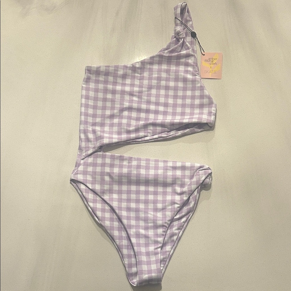 Skatie x Amber Fillerup Clark Gingham One-Shoulder Swimsuit